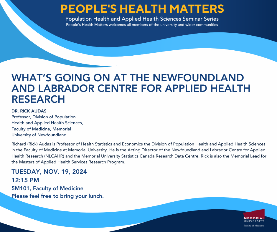 Graphic of People's Health Matters poster for November 19, 2024 – Dr. Rick Audas